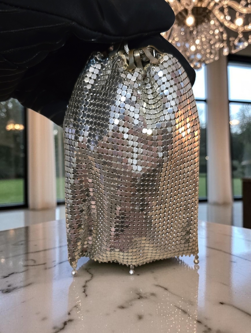 Vintage Whiting & Davis Style Silver Metal Mesh Drawstring Bag Purse Disco - Picture 4 of 5